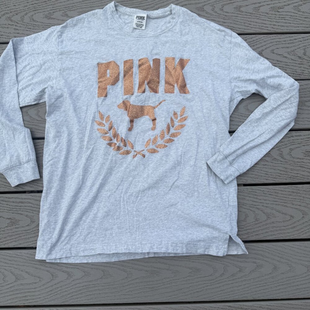 Victoria’s Secret Pink  Bling Long Sleeve Campus Tee Size Large Gray Heathered